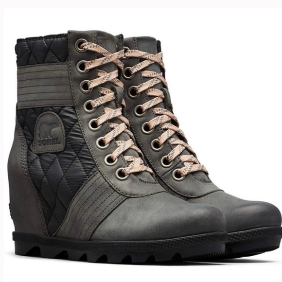 Sorel Lexie Quilted Leather Wedge Boots Dark Slate Ardoise Sombre Size 8.5 - Picture 1 of 14